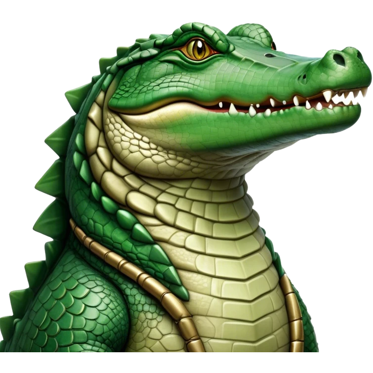 Cinematic Noble Crocodile Portrait Emoji, Poised and regal, with a powerful, elongated build and a rugged, scaly emerald-green hide, piercing cold eyes, Simplified yet sharp and sophisticated features, highly detailed, glowing with a soft, dignified glow, high shine, intelligent and formidable, stylized with an air of ancient might, focused and attentive, soft glowing outline, capturing the essence of a watchful and commanding reptile, so majestic it feels as though it could silently slide out of the screen with effortless authority! emoji