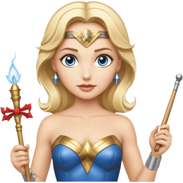 Blonde blue eyed Wonder Woman holding white orchestra conductor’s baton and bell emoji