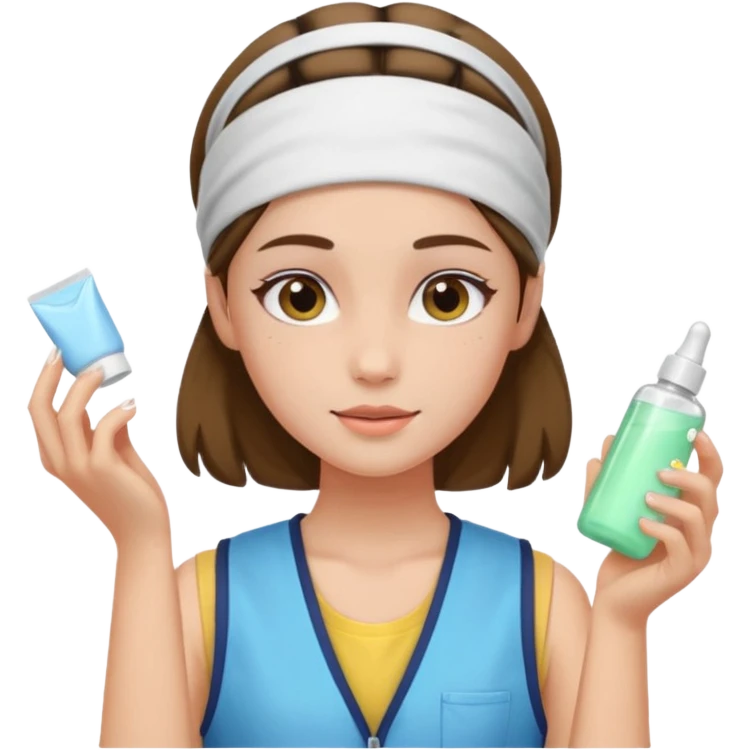 Clean girl aesthetic emoticons, apply skincare products, headband, glowing skin, vest, soft lighting
 emoji