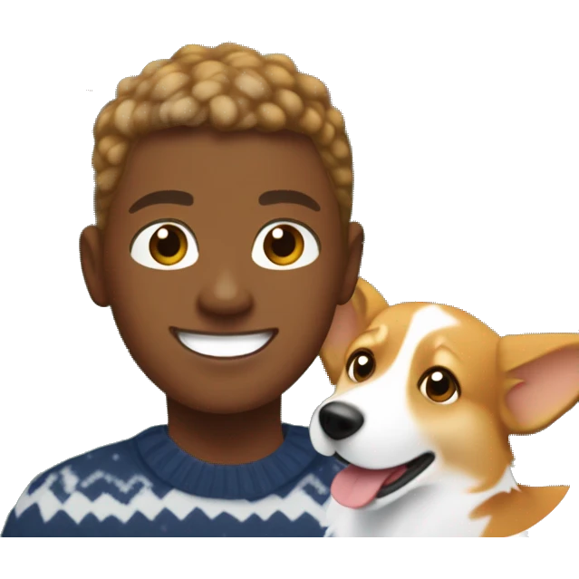 Ginger-blonde haired African American Boy teen playing with corgi in front of Christmas tree emoji