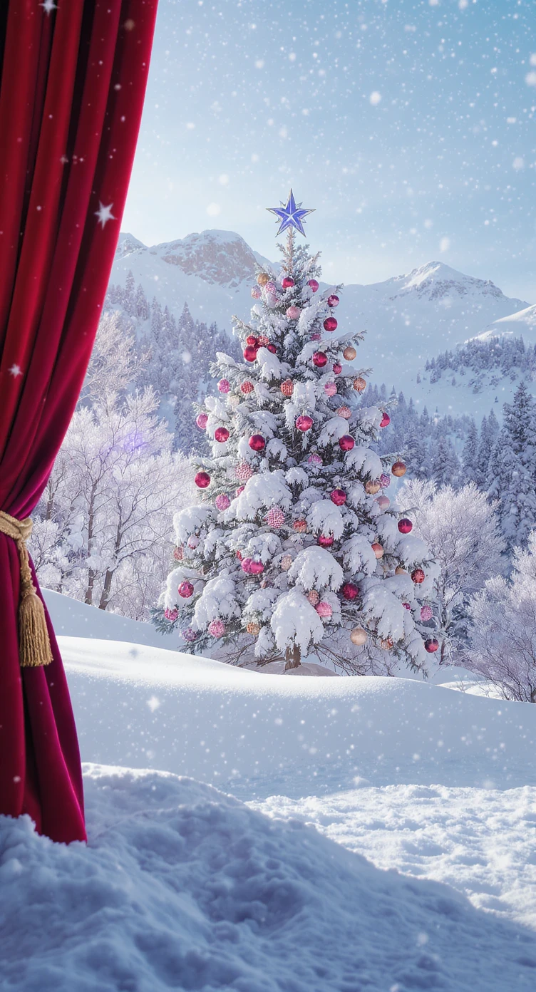 Cinematic still of a winter landcape, snowy, next to stage christmas tree in snow, in background we can see beautifull snowy landscape, soft light, symmetrical, day emoji