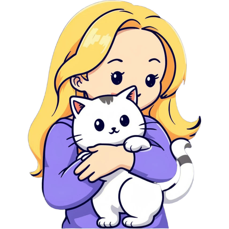 pretty woman with pale skin, very long blonde hair hugging a cat emoji