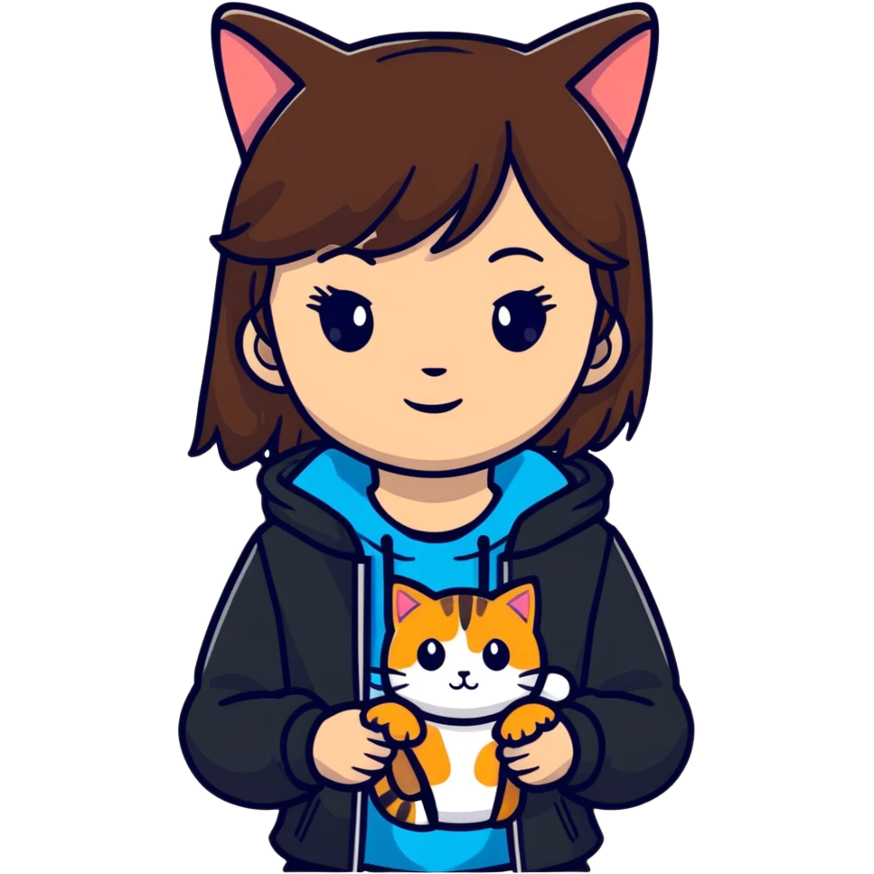A brown straight-haired girl wearing black jacket with cats emoji