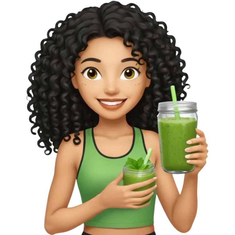 Mixed-race athletic woman with caramel skin, long black curly hair, holding a glass jar of green smoothie,  emoji