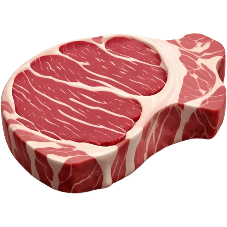 raw pork steak, thick, marbled pink-red meat, creamy white fat, irregular curved shape, moist, clear muscle grain, no plate, no seasoning, no faces, clean 3D, soft shadows, transparent background, emoji scale emoji