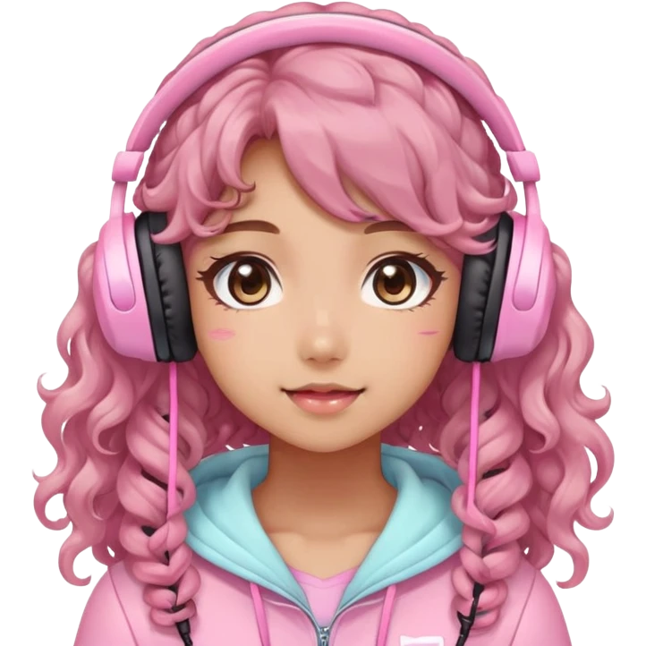 TAN SKIN GAMER GIRL WITH LONG BROWN CURLY HAIR gamingheadset pink kawaii gamer shiny blushing cute kawaii pastel anime trending style pink gaming headset gamergirl pastelcore emoji