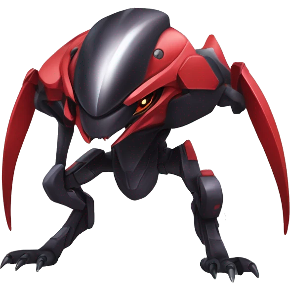 a shiny black-red Genesect-Raptor-Fakémon—hybrid with a futuristic visor-helmet full body emoji