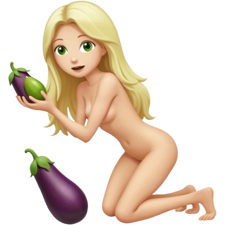 Naked woman tits out long blonde hair green eyes full body skinny legs no clothing kneeling eggplant in mouth emoji