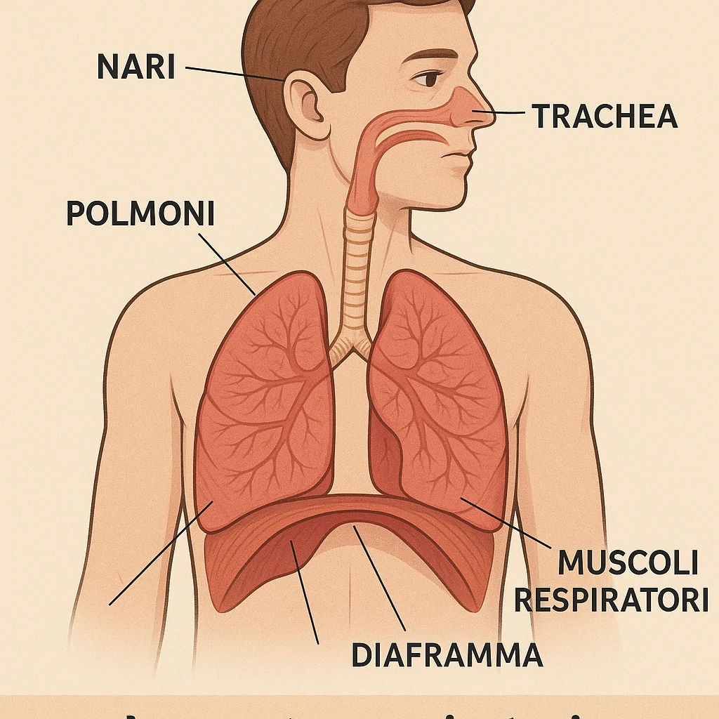 illustration with labels in Italian: nostrils, trachea, lungs, diaphragm, respiratory muscles, caption in Italian emoji