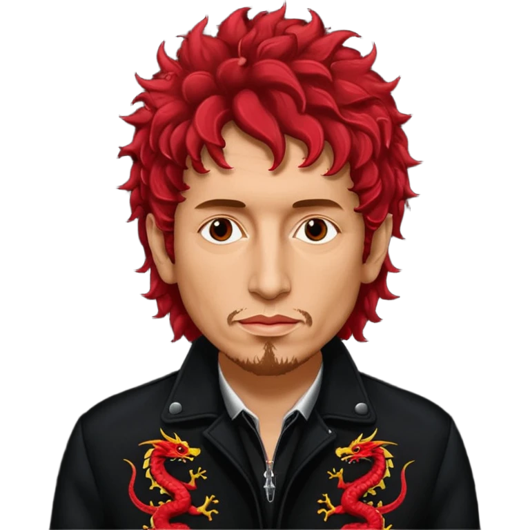 Cinematic realistic Bob Dylan, unshaven and long-haired portrait, in a black jacket embroidered with red dragons, his curly hair red from the spotlights. emoji
