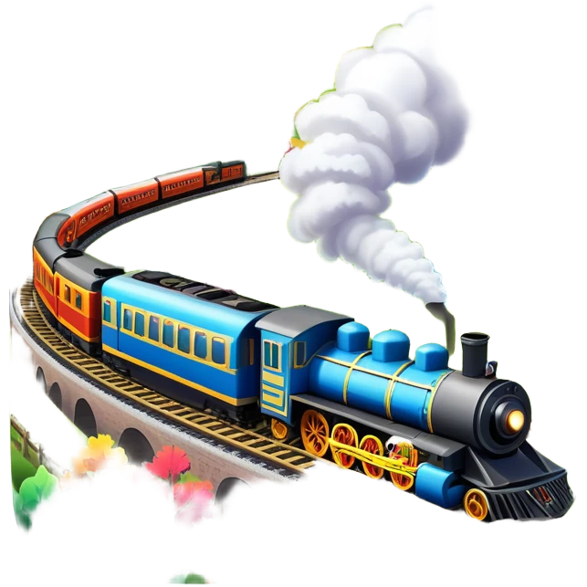 An icon showing a vibrant PC game train simulator scene with a steam locomotive traveling through a colorful countryside. The design features lush landscapes, winding tracks, and detailed railway elements, symbolizing the strategy and creativity of simulation games. Transparent background emoji
