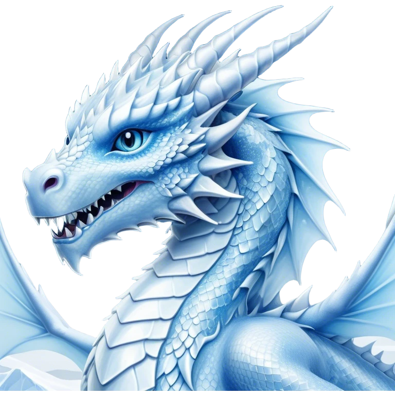 Cinematic Noble Beautiful Ice Dragon Portrait Emoji, Poised and majestic, with an ethereal, crystalline body adorned in intricately detailed scales of frosty blues and silvery whites reminiscent of glacial ice and delicate snowflakes, and piercing, cool eyes reflecting winter’s clarity; rendered with lifelike texture and subtle natural highlights, high shine, elegant and formidable, styled with an aura of chilling mythic beauty, focused and serene, soft glowing outline, capturing the essence of a legendary ice sovereign ready to glide gracefully out of the screen with timeless frosty allure! emoji