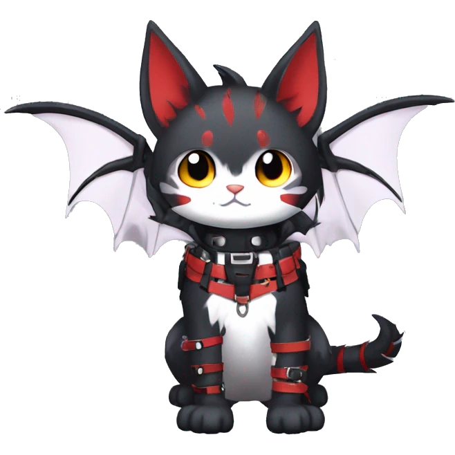 cool edgy kawaii black punk red fantasy nargacuga-bat-cat-Fakemon collar harness full body emoji