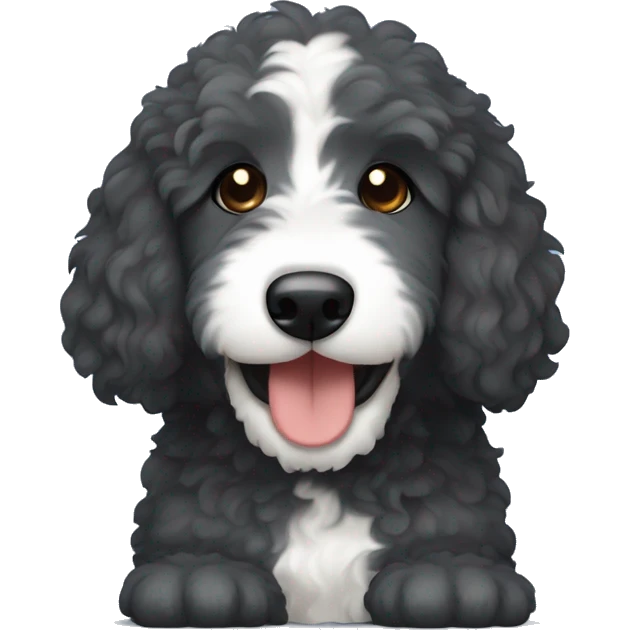 Dark grey Bernedoodle with stuffed animal in mouth, blue and brown eyes emoji