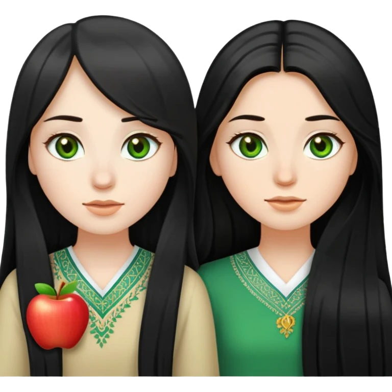 create an emojis, apple type like, two girls : 1st central Asian with straight black long hair, pale, black eyes. Second one is more European looking, brown/ kinda gold hair, just a little bit slightly wavy, green eyes    emoji