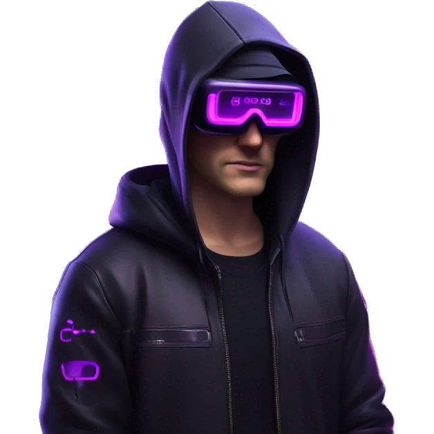 Russian man wearing a black hoodie with "OMG" letters on it and VR headset in a cyberpunk VR environment with violet neon lighting. emoji