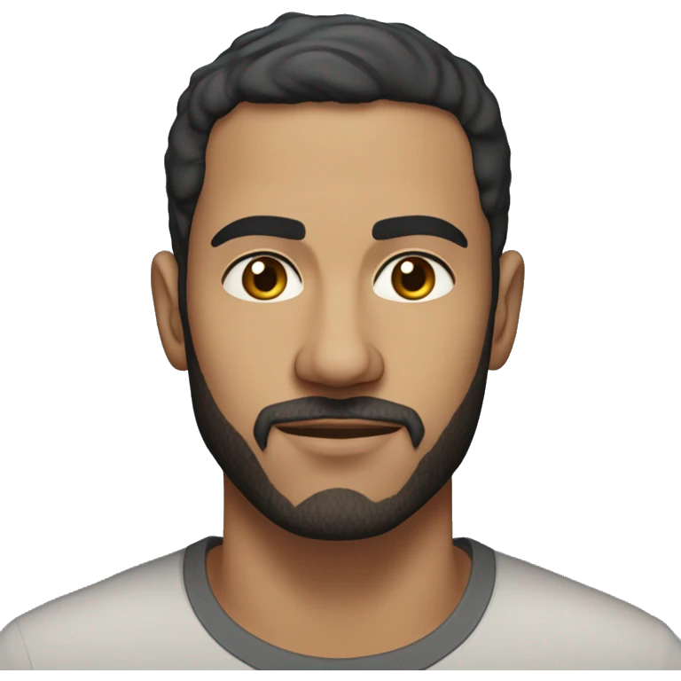 A head and shoulders shot of a 32 year old north african man, with short black hair, with short beard facial hair,   with brown eyes wearing a t-shirt. emoji