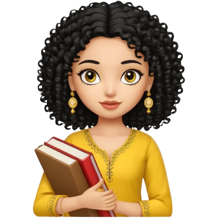 a pretty bratz girl with curly black hair wearing a yellow kurti, eyeliner, jhumkas, carrying books emoji