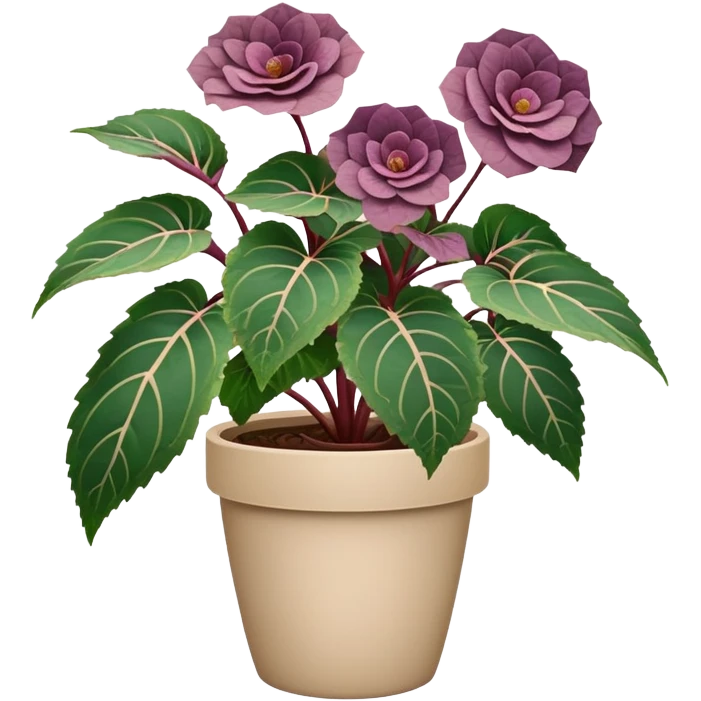 Begonia Rex plant with only greenish-purple spiral patterned leaves in a beige pot, no flowers emoji