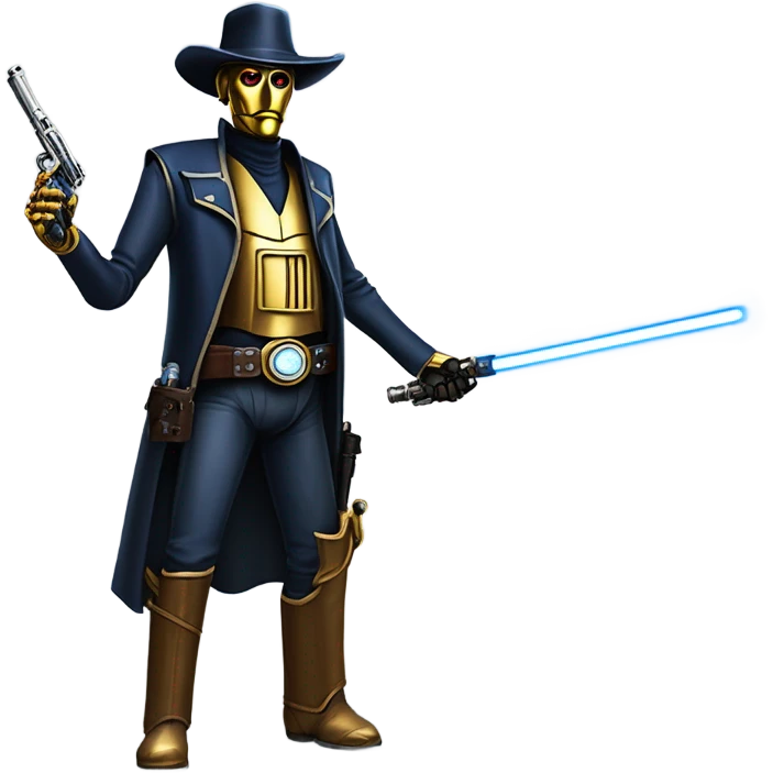 friendly frantic bounty hunter tarnished undercover tough well-equipped Jedi life-sized darkblue-pearl C3po leather vest clothing pants and vest old west duster coat holding light saber sheriff holstered gun hat floating emoji