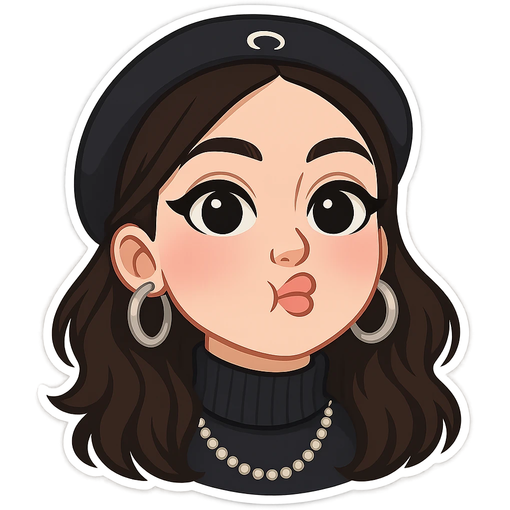 Create a classic beautiful Telegram sticker from the photo of a girl's face. Use a cartoon style with large expressive eyes, simple shapes, soft shadows, pale skin, no outlines or extra details. Add a white border and transparent background. emoji
