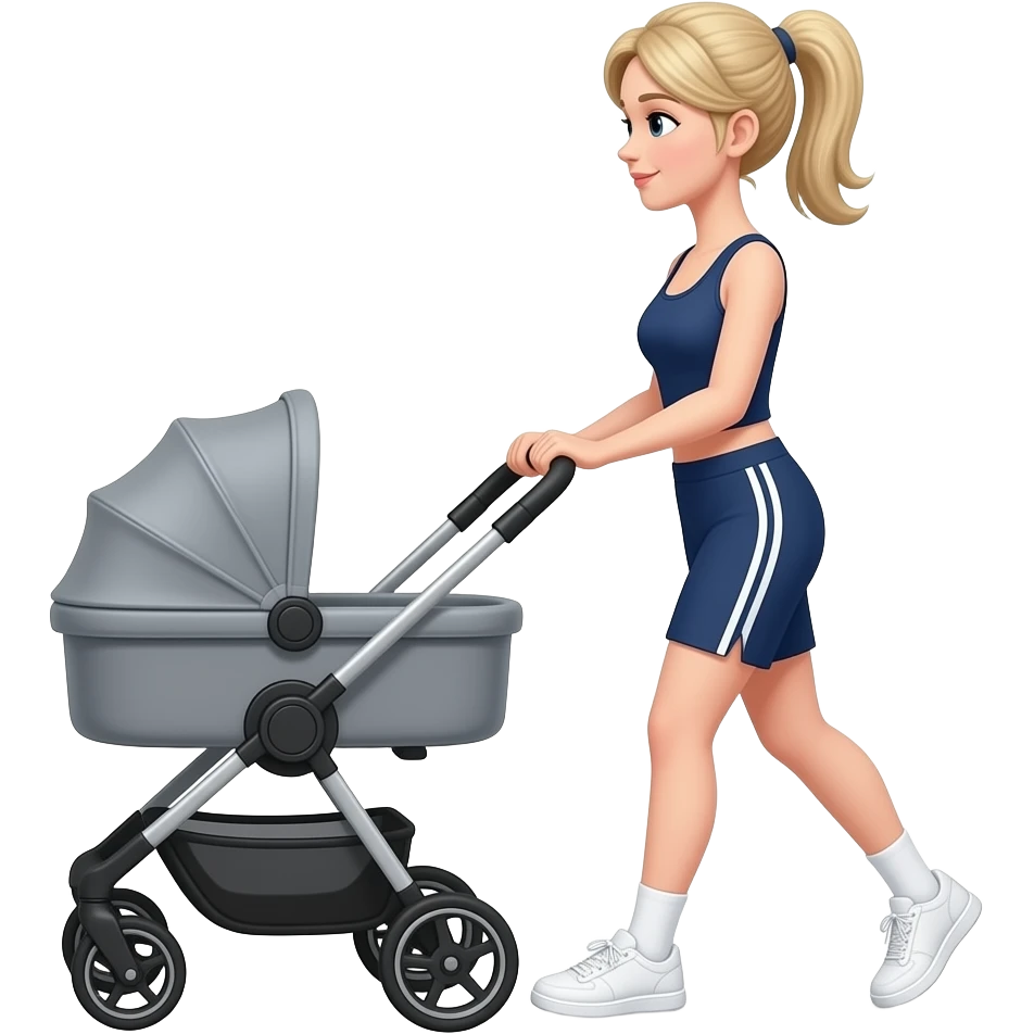 Mom pushing stroller. Blonde hair ponytail In bike shorts sneakers with ankle socks and tanktop. White sneakers. Matching top an bottom. Navy blue bike shorts and tank with white socks emoji
