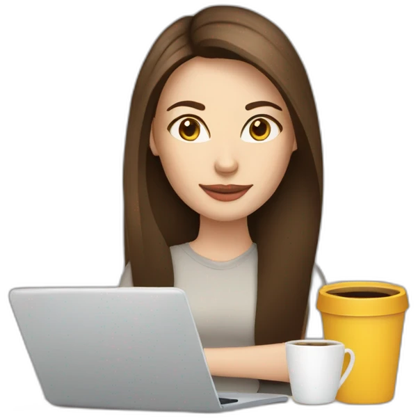 woman with long straight brown hair and pale skin laptop and coffee mug emoji