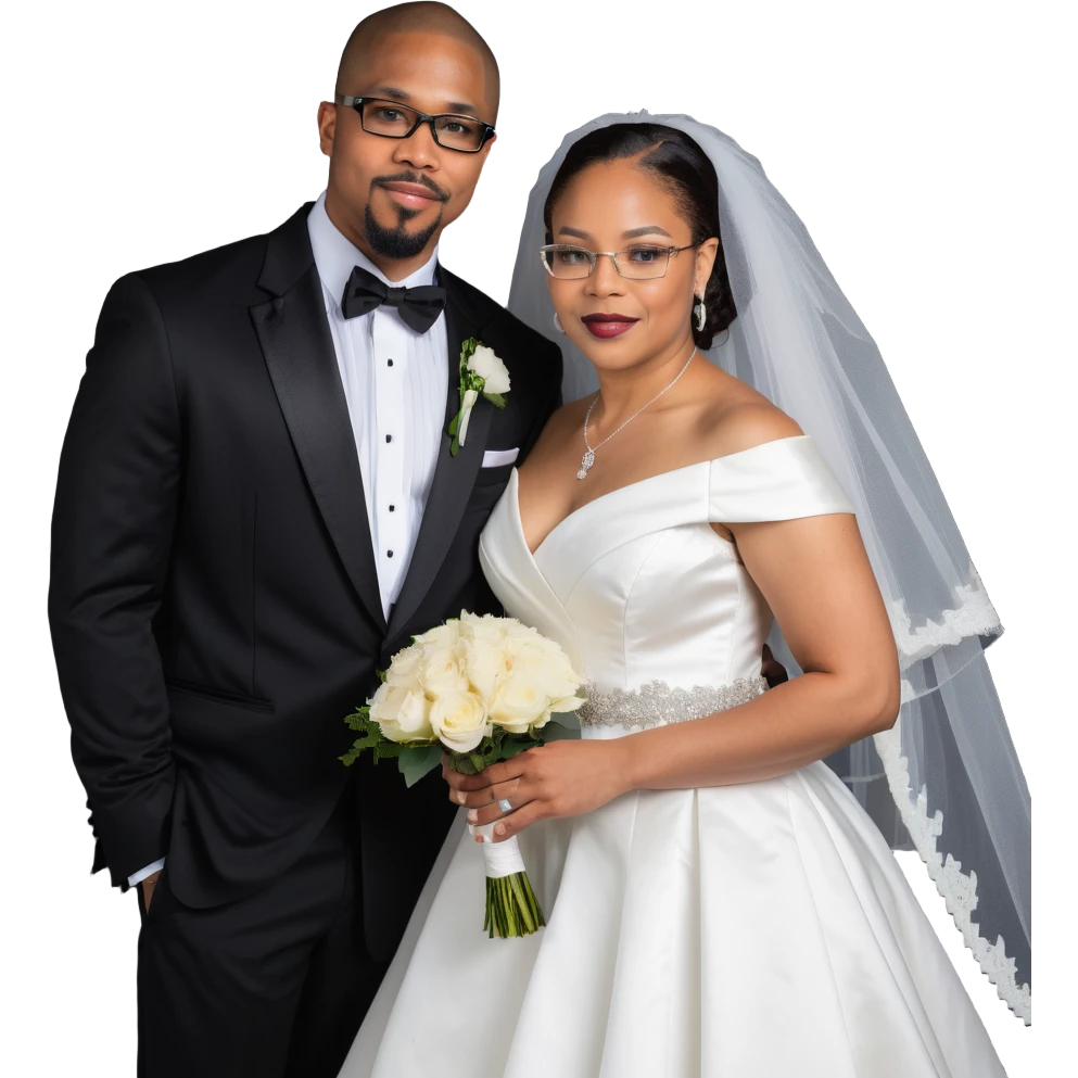 light-skinned African American woman with glasses in a wedding dress and light-skinned man with a black goatee in a tuxedo emoji