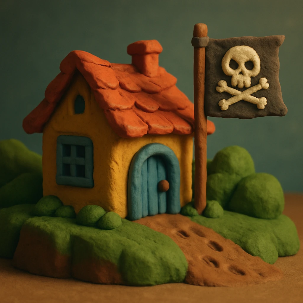 old pirate's house with skull flag emoji