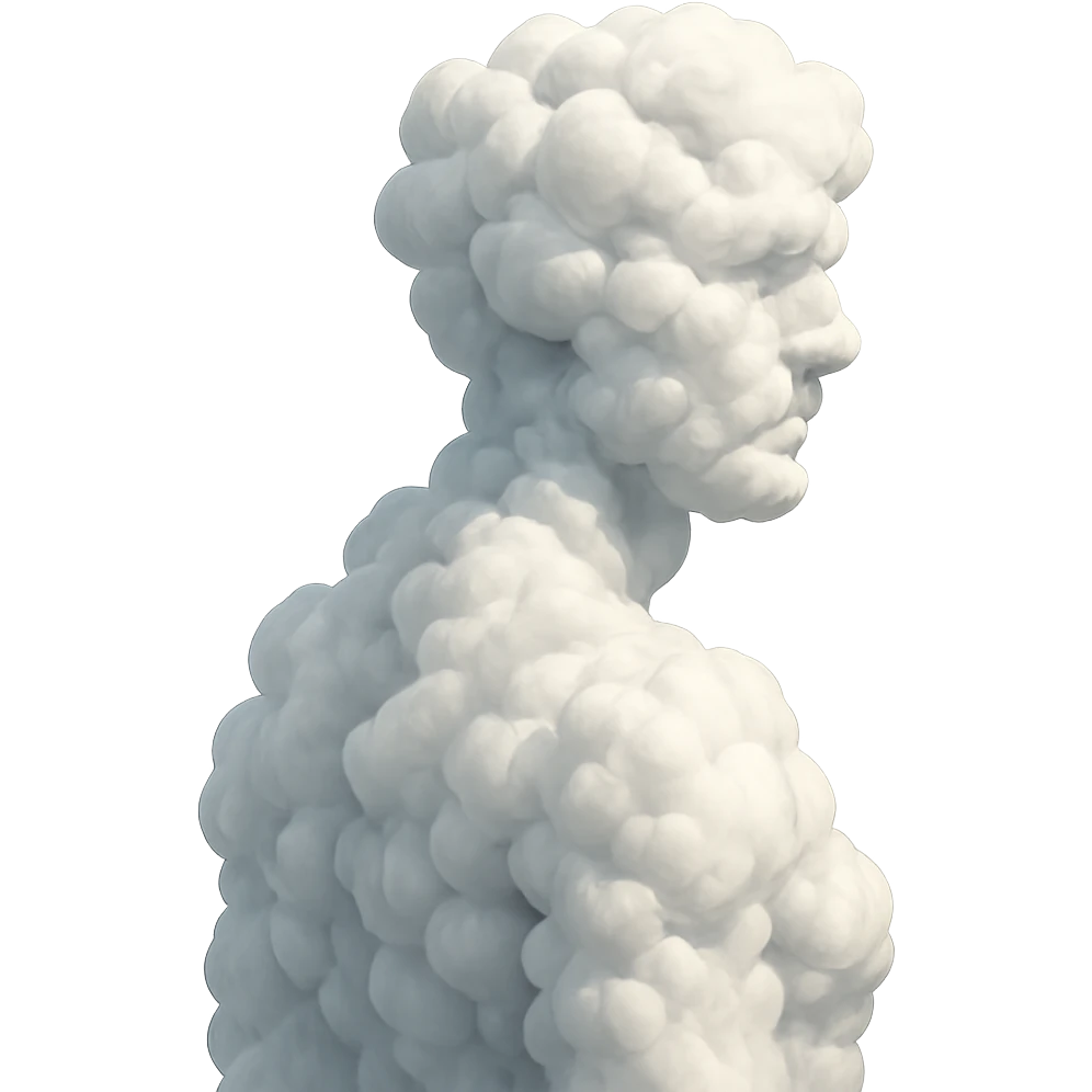 person fully made of voluminous clouds, shoulder view, looking straight, no background emoji