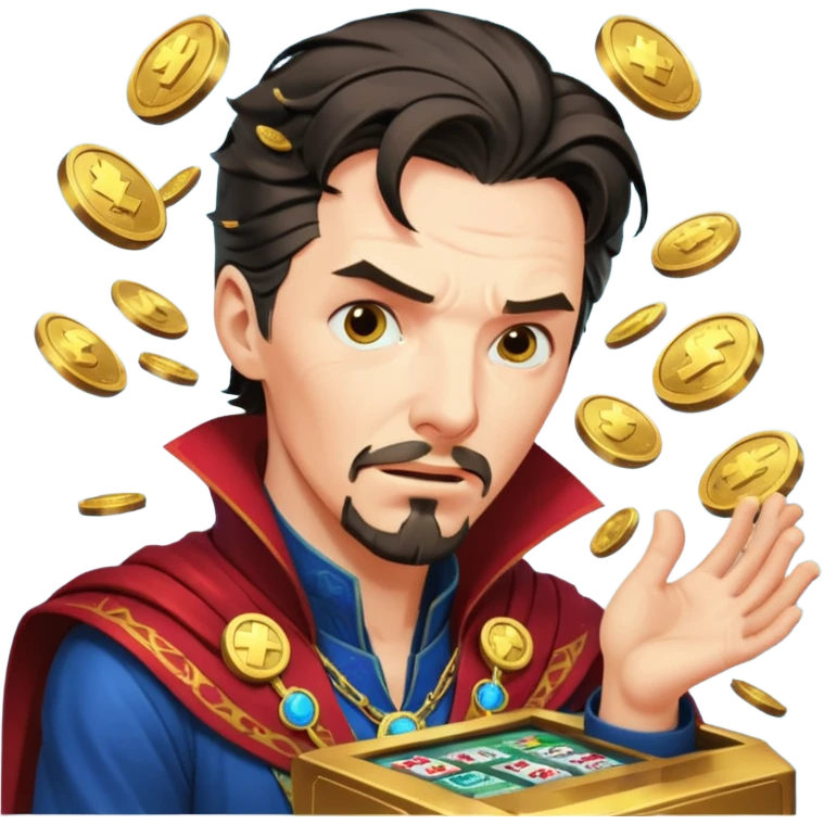 disheveled Doctor Strange losing money at a slot machine, panicked face, coins flying emoji