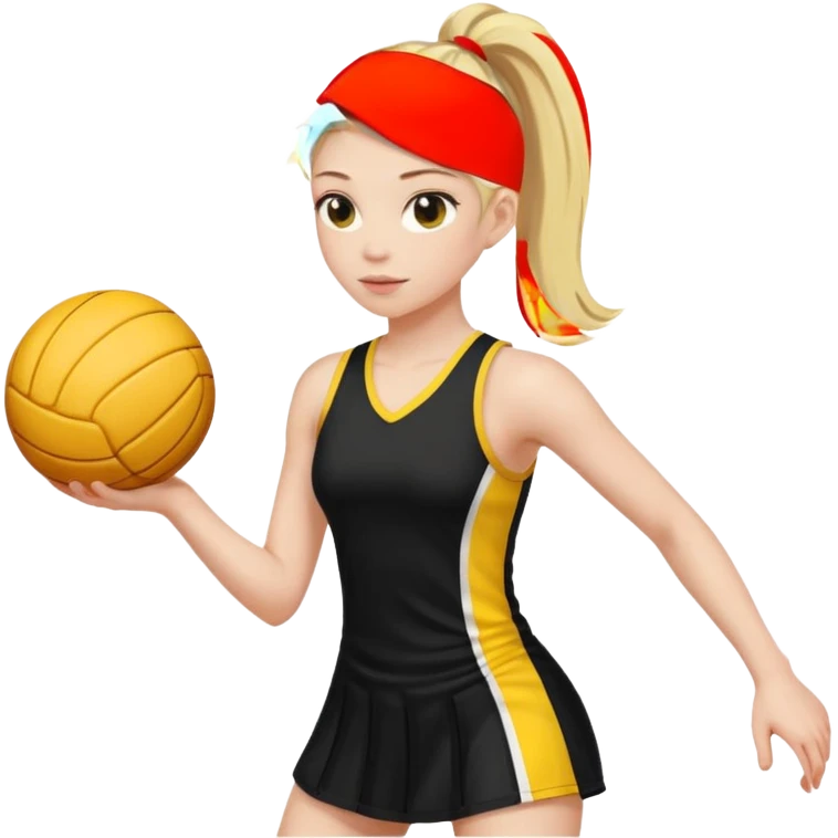 Blonde haired girl with a high pony tail with 2 plates in black dress with yellow stripe playing netball emoji