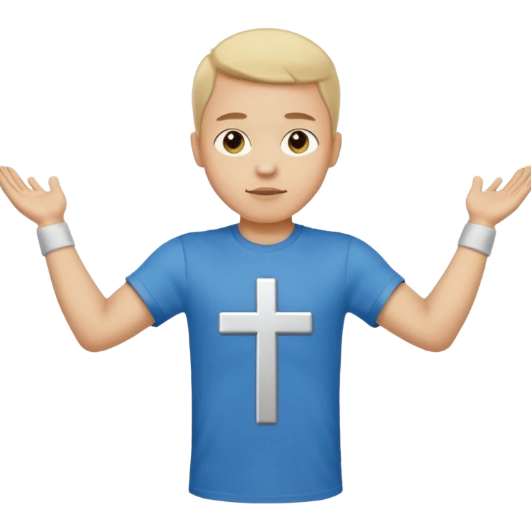 A person with the arms opened and extended forming a cross with their arms and body with t-shirt emoji
