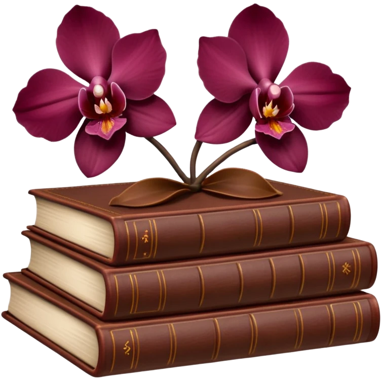 Dark academia 3 brown books with small burgundi orchid emoji
