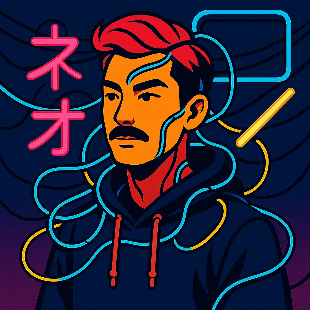Add electric wires connecting to the body of the Asian man with black mustache, red hair, black hoodie, neon lights, Japanese cyberpunk anime style emoji