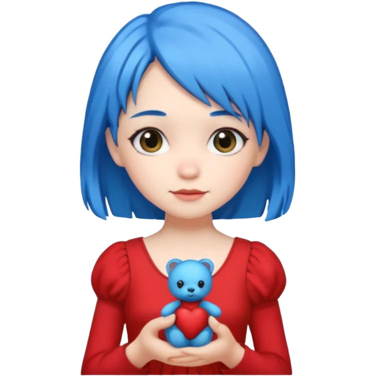 blue haired red wearing girl with small toy emoji