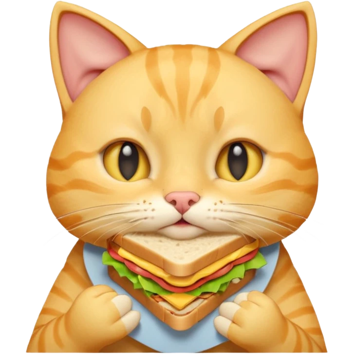 cute yellow cat portrait, head and shoulders only, biting a sandwich, cheeks full, funny expression, 3D cartoon, mobile game icon style, clean background, no text, no watermark
 emoji