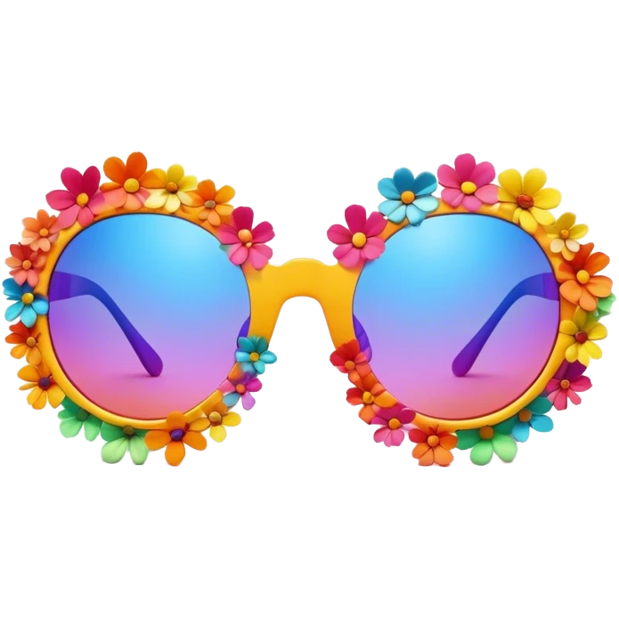 3D, psychedelic colored sunglasses made out of hippie style flower petals emoji