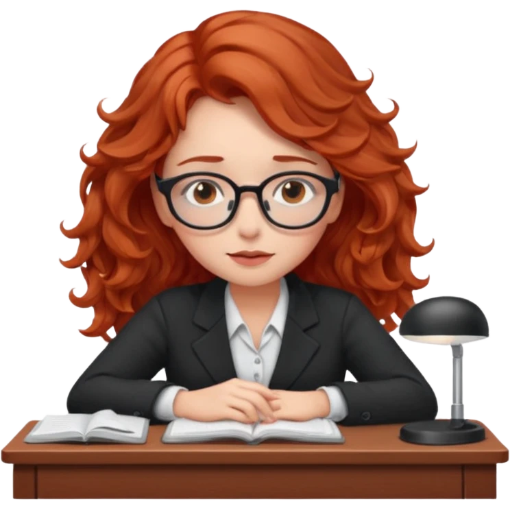 Pretty model, brown eyes, soft red wavy hair, falling asleep at desk emoji