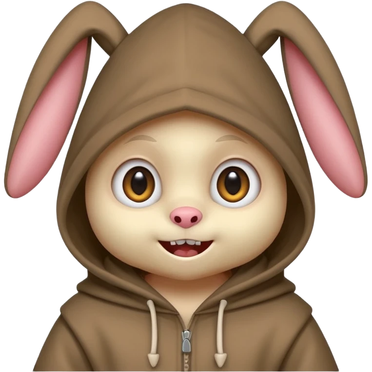 cute character with large eyes, round face, triangular teeth, wearing a hood with upright rabbit-like ears, mischievous and playful expression, unique monster figure emoji