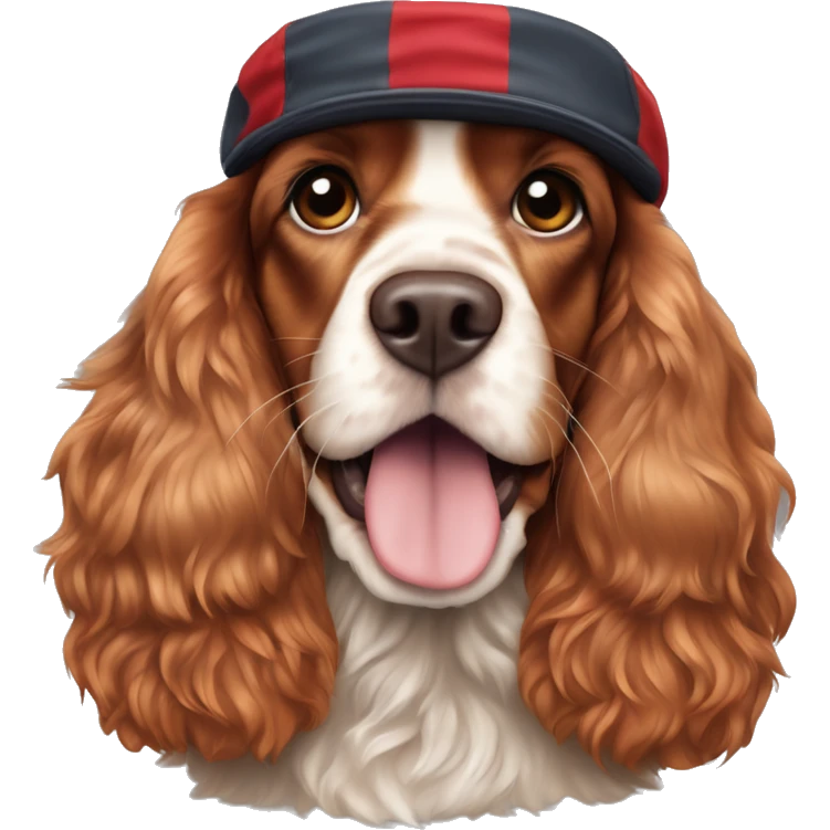 A full-length, adult, red cocker spaniel in a New Year's cap, siting emoji