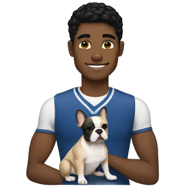 athletic light skin male with short black hair holding a brindle colored french bulldog emoji