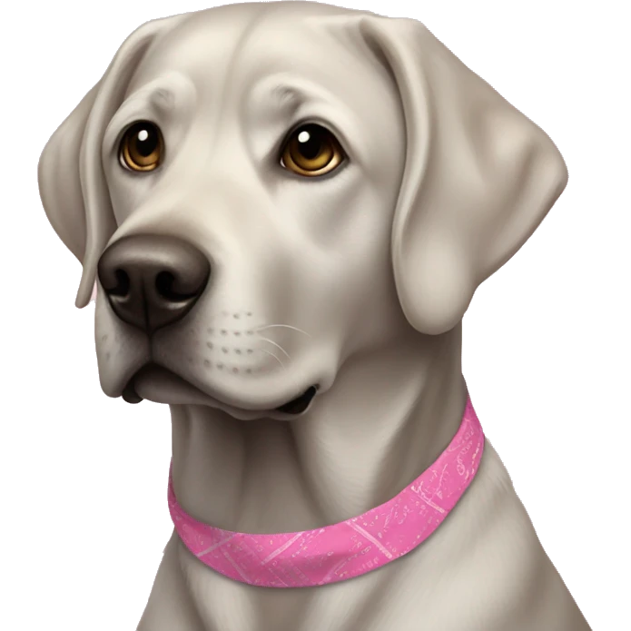 Silver Lab wearing pink bandana with blonde girl emoji