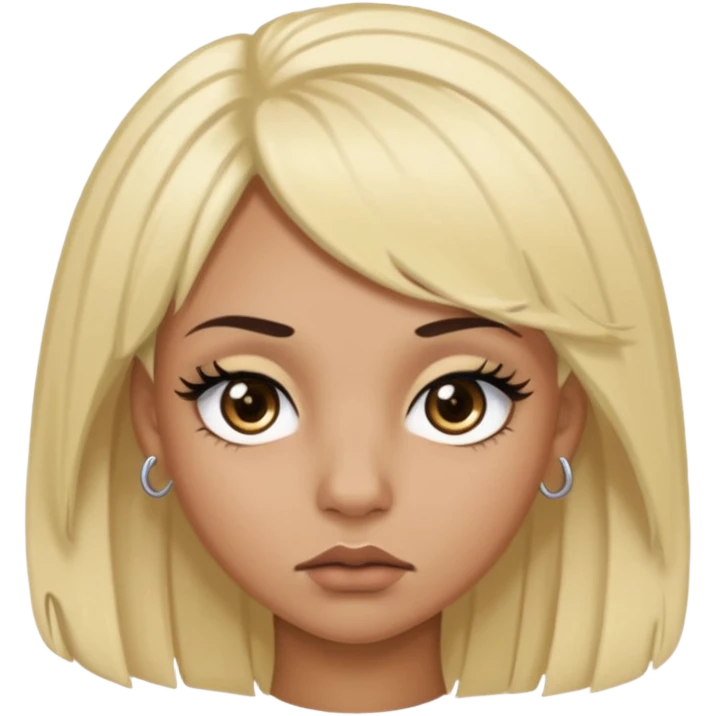 crée moi une jeune adulte noir au yeux brider marron foncer et une perruque blonde avec des baby hairs percing au nez et des gros faux cils bien charger , une fille un peu 92i emoji