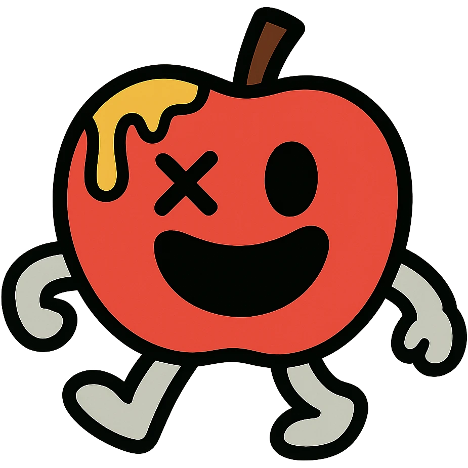 plush apple character with light grey arms and legs, left eye is an X, yellow ichor dripping from stem, big smiling mouth, no leaf emoji