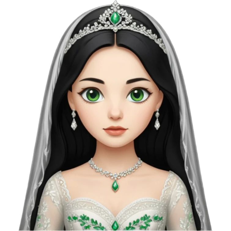 Hyper Realistic ornate ballgown long sleeve Wedding dress with diamanté on Russian bride with green eyes and long black hair with veil hyper realistic  emoji