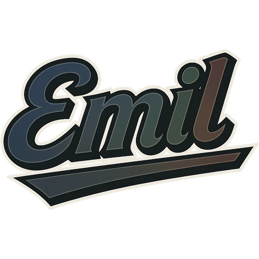 Emil name in masculine, modern, gradient font with dark contour, thin and clearly visible white border around letters, dynamic slanted underline, masculine color shades (blue, gray, burgundy, green, brown), 1000x1000 px, PNG, transparent background, in the style of the uploaded Attila sample. emoji