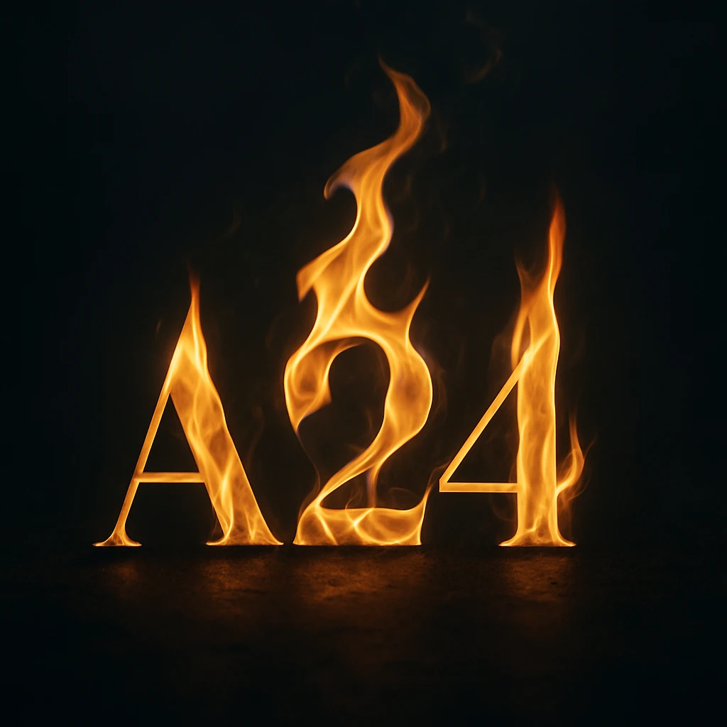 the A24 logo burning with subtle, elegant fire, minimalist, dark background, moody emoji