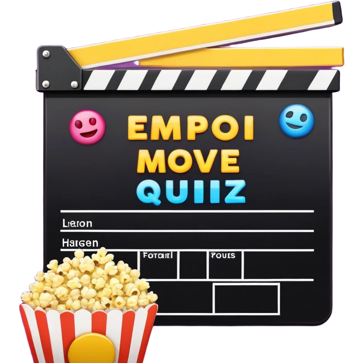 A colorful title slide for "The Emoji Movie Quiz" slideshow game with movie clapperboard, popcorn, and quiz elements arranged in presentation format emoji