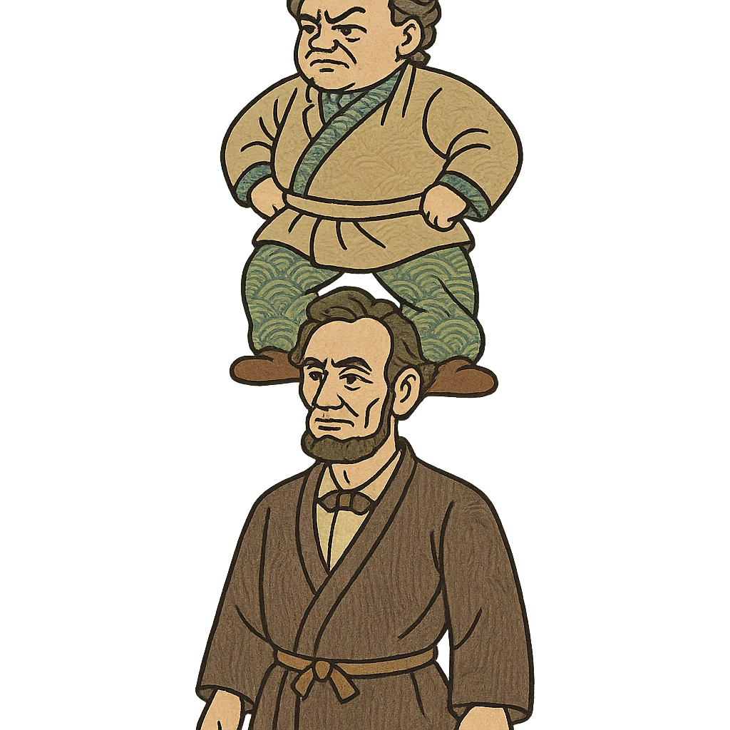 Stephen Douglas standing on Abraham Lincoln's shoulders, ukiyo-e inspired illustration emoji